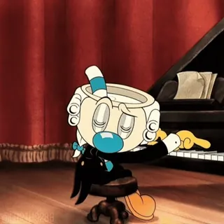 🎵 cuphead, dessin animé, piano, musique, personnage, animation, jeu vidéo whatsapp sticker
