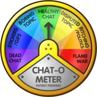 3️⃣ STICKERS/GIFS
BORING TOPIC
HEALTHY CHAT
DISPUTED TOPIC
BITCHING/POLITICS
FLAME WAR
DEAD CHAT
CHAT-O-METER
PATENT PENDING chat, meter, topic, dispute, politics, flame war, stickers, GIFs telegram sticker