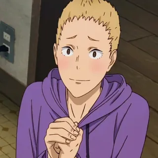 😍 anime, postać, blond włosy, fioletowa bluza z kapturem, uśmiechnięty, rumieniący się telegram sticker
