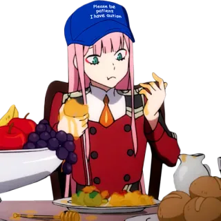 😦 Zero Two Darling in the Franxx Please be patient I have autism anime, eating, pink hair, zero two, autism, patient, hat telegram sticker