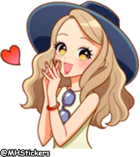 😍 @MHStickers desenho animado, menina, adesivo, chapéu, coração, óculos de sol, cabelo loiro telegram sticker
