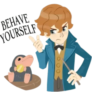 ☝️ Newt Scamander Fantastic Beasts BEHAVE YOURSELF newt scamander, animais fantásticos, pelúcio, magia, comporte-se, se comporte whatsapp sticker