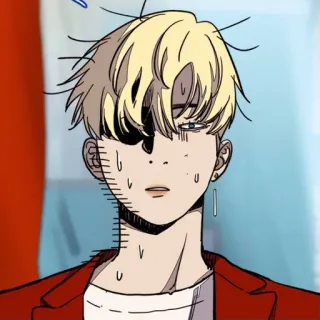 🌟 Anime, Manga, Cartone animato, Personaggio, Capelli biondi, Sudore, Giacca rossa telegram sticker