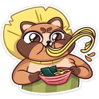 🍜 mapache, tanuki, ramen, fideos, comiendo, kawaii, lindo whatsapp sticker