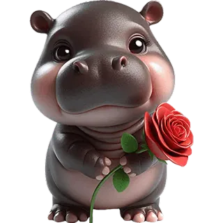 🌹 カバ, 動物, かわいい, バラ, 花, 漫画 whatsapp sticker