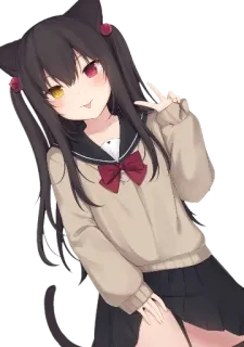 🐱 アニメガール, 猫耳, ピースサイン, 制服, 虹彩異色症, かわいい, アニメ, ステッカー telegram sticker