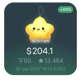 ⭐️ +46%
32 023 pcs
$204.1
60
13 464
01 Jan 2027 13:13 (UTC) telegram sticker