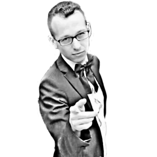 👉 homme, costume, portrait, lunettes, nœud papillon, pointant whatsapp sticker