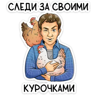 🐔 СЛЕДИ ЗА СВОИМИ
КУРОЧКАМИ mann, huhn, tiere, russisch, text telegram sticker