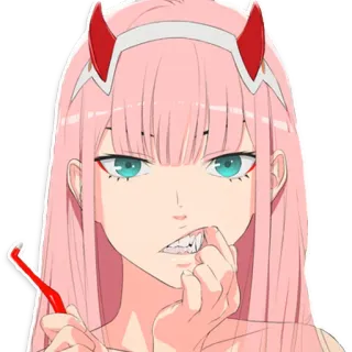 👿 Zero Two Darling in the Franxx Anime, Zero Two, Darling in the Franxx, süß, pinke Haare, Hörner, Anime Mädchen telegram sticker