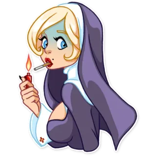 😨 nun, smoking, cigarette, lighter, cartoon, religion, offensive telegram sticker