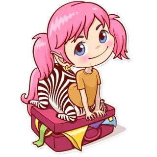 ✈ Desenho animado, Menina, Zebra, Mala, Cabelo rosa, Viagem, Fantasia telegram sticker