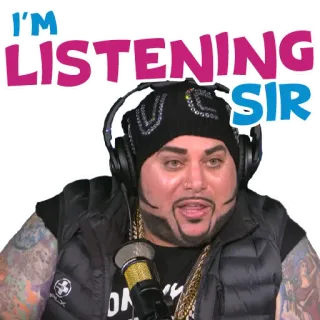 👂 I'M LISTENING SIR слушаю, сэр, подкаст, мужчина, шапка, наушники whatsapp sticker