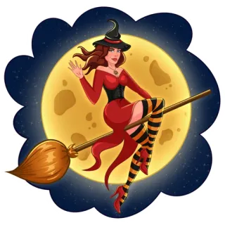 👋 bruxa, halloween, lua, magia, vassoura, vestido vermelho telegram sticker