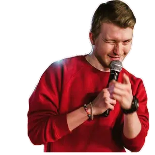 😉 homem, microfone, piscando, pessoa, moletom vermelho, sorrindo, apontando telegram sticker