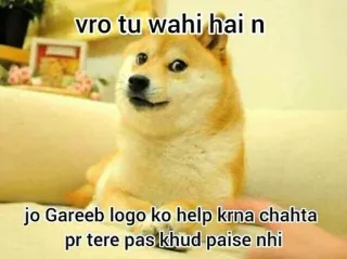 🌟 Doge vro tu wahi hai n jo Gareeb logo ko help krna chahta pr tere pas khud paise nhi doge, meme, funny, broke, humor, dog telegram sticker
