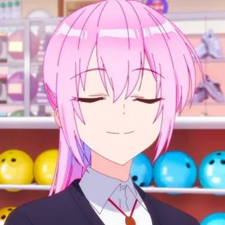 📎 Anime, pinke Haare, Charakter, Lächeln, Cartoon, Bowling telegram sticker