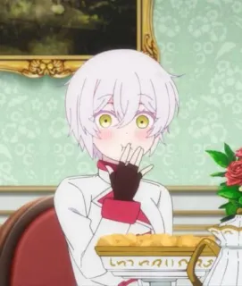 🌚 anime, character, short hair, indoors, white hair, yellow eyes telegram sticker