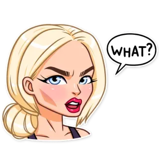 😐 WHAT? kobieta, blondynka, pytanie, zirytowana, wyraz, kreskówka, zmieszana, wątpliwość telegram sticker