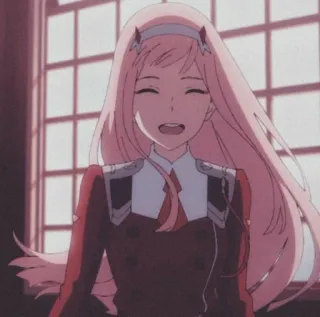 🌷 Zero Two Darling in the Franxx Anime, Zero Two, Darling in the Franxx, cabelo rosa, sorrindo, garota anime telegram sticker