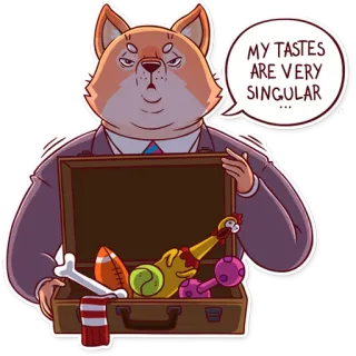 😏 MY TASTES ARE VERY SINGULAR chien, valise, jouets, singulier, goûts, anthropomorphe, drôle whatsapp sticker