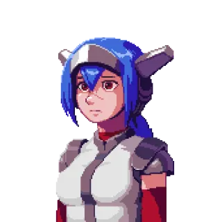 🙁 pixel art, female character, armor, helmet, blue hair, portrait telegram sticker