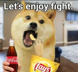 🎉 Let's enjoy fight. pies, mem, cieszyć się, walka, coca cola, lays, przekąska, śmieszne telegram sticker