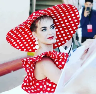 🌈 Katy Perry celebrity, pop star, singer, polka dots, red hat, portrait, woman whatsapp sticker