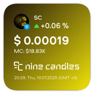 📊 SC +0.06% $0.00019 MC: $18.83K nine candles 20:29, Thu, 10.07.2025 (GMT +0) finance, cryptocurrency, market data, investment, trading telegram sticker