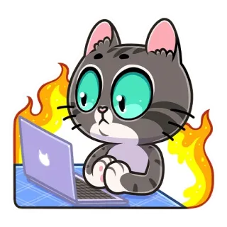🔥 chat, ordinateur portable, feu, ordinateur, dessin animé, mignon whatsapp sticker