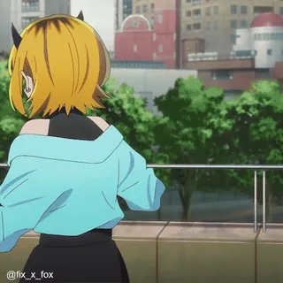 😄 fix_x_fox アニメガール, 悪魔, カジュアル, 可愛い, 金髪, 青いジャケット telegram sticker