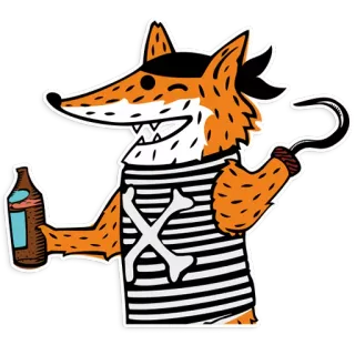 😉 renard, pirate, dessin animé, animal, crochet, bouteille, tête de mort telegram sticker