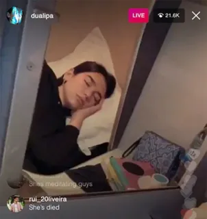 😴 Dua Lipa LIVE Дуа Липа, певица, ПРЯМОЙ ЭФИР, спит, подушка telegram sticker