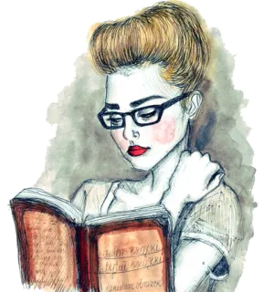 🤔 woman, reading, book, glasses, illustration, portrait, art telegram sticker