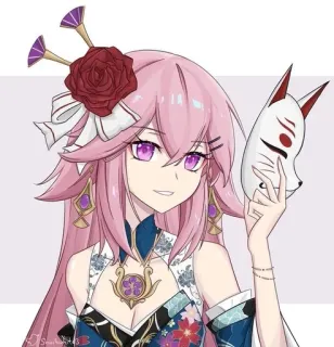 ☺ Yae Miko Genshin Impact 动漫, 原神, 八重神子, 狐狸面具, 老婆, 电子游戏, 粉色头发, 耳环 telegram sticker
