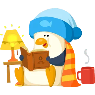 😋 pinguino, leggere, libro, lampada, sciarpa, inverno, cartone animato whatsapp sticker