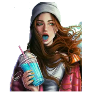 😜 gadis, kupluk, minuman, gaya, potret whatsapp sticker