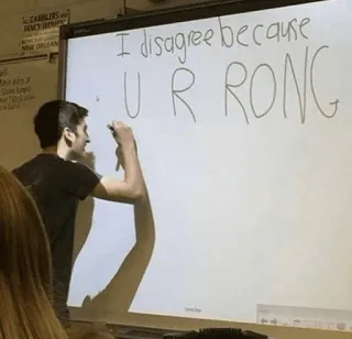 👊 I disagree because U R WRONG bất đồng, tranh luận, sai, viết, lớp học telegram sticker