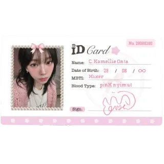 💇 Karina aespa ID Card No. 28088280 Name: C. Kamellie Onta Date of Birth: 28 / 08 / ∞ MBTI: Mixer Blood Type: pinK nyimut telegram sticker
