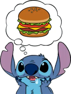 🙊 Stitch สติทช์, เบอร์เกอร์, อาหาร, ดิสนีย์, ลิโล่ แอนด์ สติทช์, การ์ตูน, หิว telegram sticker