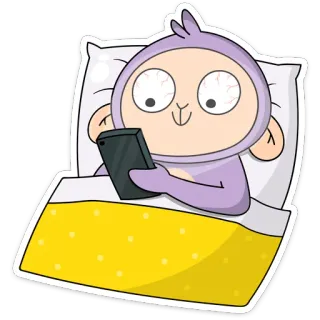 🙂 monyet, tempat tidur, mengantuk, telepon, kartun, ungu whatsapp sticker