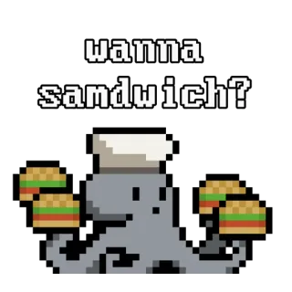 🍔 wanna samdwich? แซนวิช, อาหาร, ปลาหมึก, พิกเซลอาร์ต, เชฟ, น่ารัก, ตลก telegram sticker