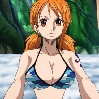 🙁 Nami One Piece 动漫, 卡通, 女孩, 橙色头发, 比基尼 telegram sticker
