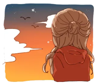 👩 Mädchen, Sonnenuntergang, Wolken, Vögel, Himmel, Hoodie telegram sticker