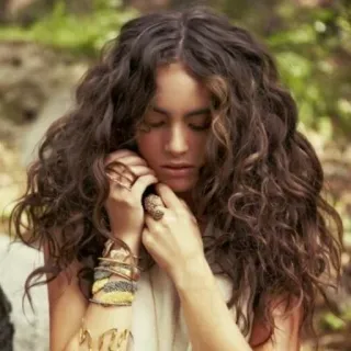 😞 woman, curly hair, bohemian, jewelry, portrait, brunette, fashion, style telegram sticker