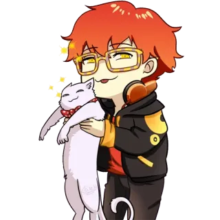 😈 707 Mystic Messenger anime, chibi, cat, headphones, kawaii telegram sticker