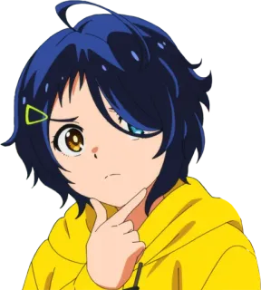 🤔 Ai Ohto Wonder Egg Priority anime, girl, yellow, hoodie, confused, thinking telegram sticker