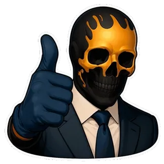 👍 หน้ากาก, หัวกะโหลก, ยกนิ้วโป้ง, สูท, ทอง, ดำ, ชุด, โครงกระดูก telegram sticker