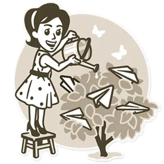 🔵 mujer, regando, árbol, avión de papel, mariposas, crecimiento, positivo telegram sticker