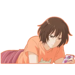 😴 anime, girl, sad, character, lying down, cellphone, relaxed whatsapp sticker